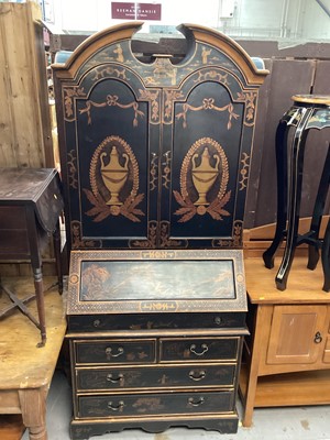 Lot 1243 - Good quality painted oriental style secretaire bureau bookcase, with two panelled doors above enclosing fitted interior, writing compartment, two short and two long drawers below, 91cm wide, 47cm d...