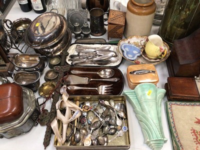 Lot 378 - Group of plated and metal ware, brass stick stand, stoneware jar, other ceramics, carved wood wall barometer, mantel clock, banjo and sundries