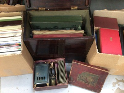 Lot 379 - Vintage magic lantern and slides in box, various cameras, books and LP records