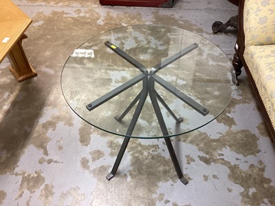 Lot 1320 - Round glass top coffee table on metal stand, together with a light oak table top cabinet and a folding rattan screen (3)