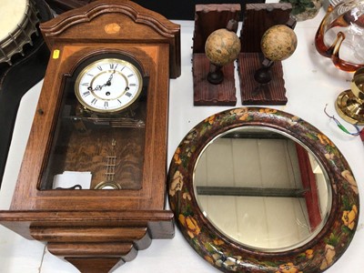 Lot 380 - Wall clock, pair of globe book ends and a round wall mirror