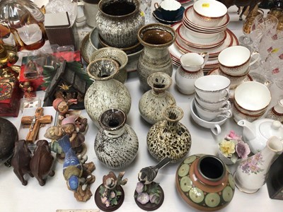 Lot 381 - Pottery vases, tea set, glassware, two West Germany figures, other ornaments and sundries