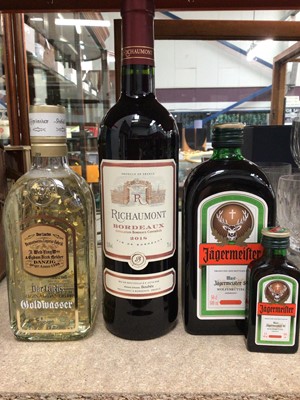 Lot 387 - Bottle of red wine, Goldwasser liqueur, 50cl bottle of Jägermeister and a miniature (4)