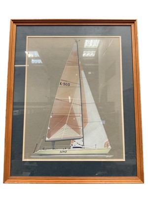 Lot 320 - Stylish gouache depiction of a yacht - Juno, indistinctly signed, 46 x 36cm, glazed frame