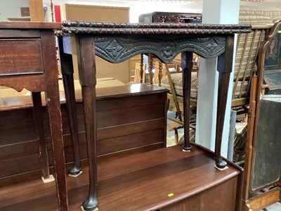 Lot 1253 - Antique carved mahogany serpentine fronted card table with fold over top on turned legs and pad feet, 86cm wide, 43cm deep, 72.5cm high