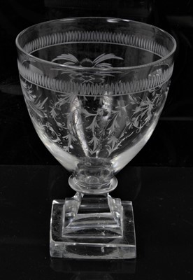 Lot 301 - George III wine glass with etched initials and flowers, on pyramid base with square foot