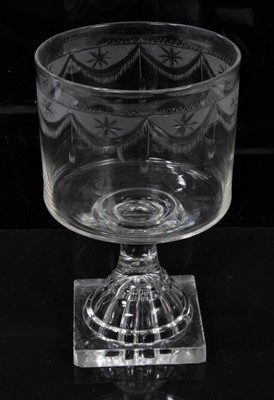 Lot 302 - George III wine glass with bucket-shape bowl with etched swags on lemon-squeezer pyramid base with square foot