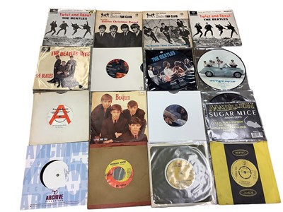 Lot 2241 - One box of single records and EPs including Beatles Fan Club flexi discs, demos and 'The Truth About Me' by Elvis Presley (Weekend Mail edition), plus early Bob Dylan picture sleeves