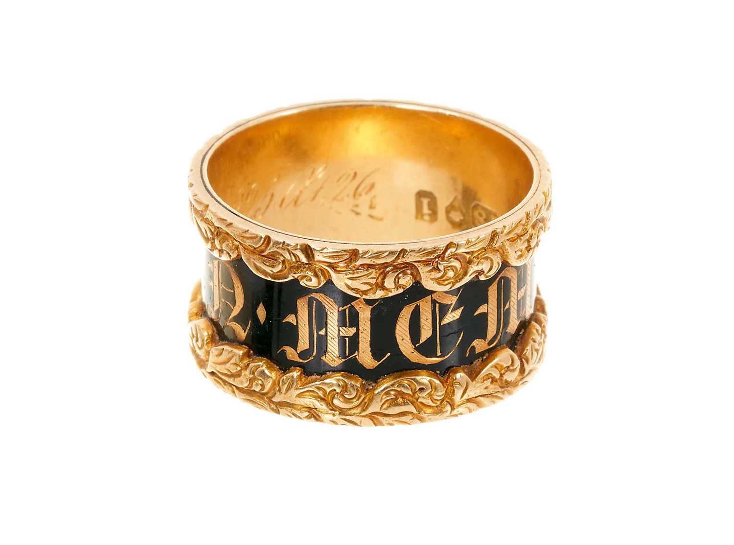 Lot 769 - George IV 18ct gold and black enamel mourning ring, 'Matilda Nottidge, ob.25 Feb 1825 at 26', London hallmarks 1824.