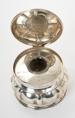 Lot 9 - Late Victorian silver inkwell, from H.E. Lord Curzon, Viceroy of India, 25th November 1900' by Carrington & Co. 130 Regent Street, London. Hallmarked London 1899.