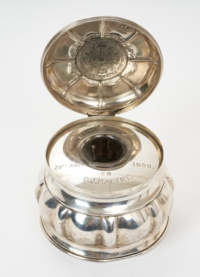 Lot 9 - Late Victorian silver inkwell, from H.E. Lord Curzon, Viceroy of India, 25th November 1900' by Carrington & Co. 130 Regent Street, London. Hallmarked London 1899.