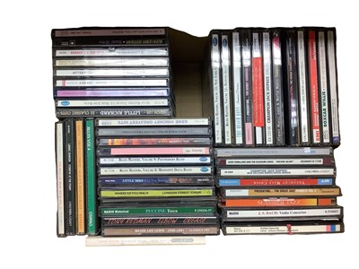 Lot 2244 - Two boxes of CDs featuring a range of musical genres including Jazz, Blues, Rock n Roll etc, together with a box of LP records of stage productions and soundtracks (3 boxes in total)