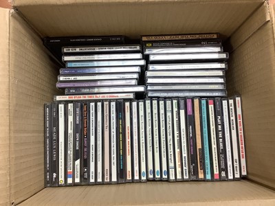 Lot 2244 - Two boxes of CDs featuring a range of musical genres including Jazz, Blues, Rock n Roll etc, together with a box of LP records of stage productions and soundtracks (3 boxes in total)