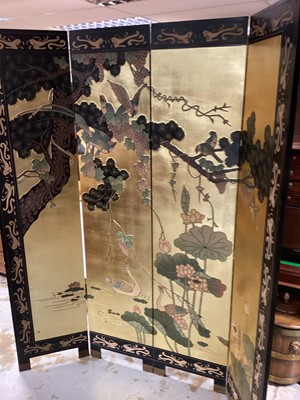 Lot 1256 - Oriental four fold dressing screen decorated with birds, ducks and foliage, 162cm wide, 183cm high