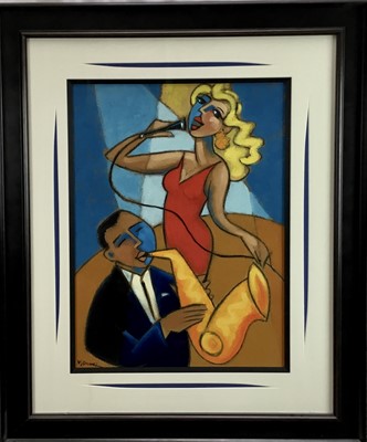 Lot 247 - Marsha Hammel (b.1949) oil painting of a jazz singer and saxophonist, signed, 59cm x 43.5cm, framed and glazed