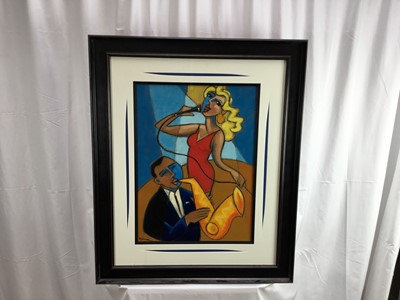 Lot 247 - Marsha Hammel (b.1949) oil painting of a jazz singer and saxophonist, signed, 59cm x 43.5cm, framed and glazed