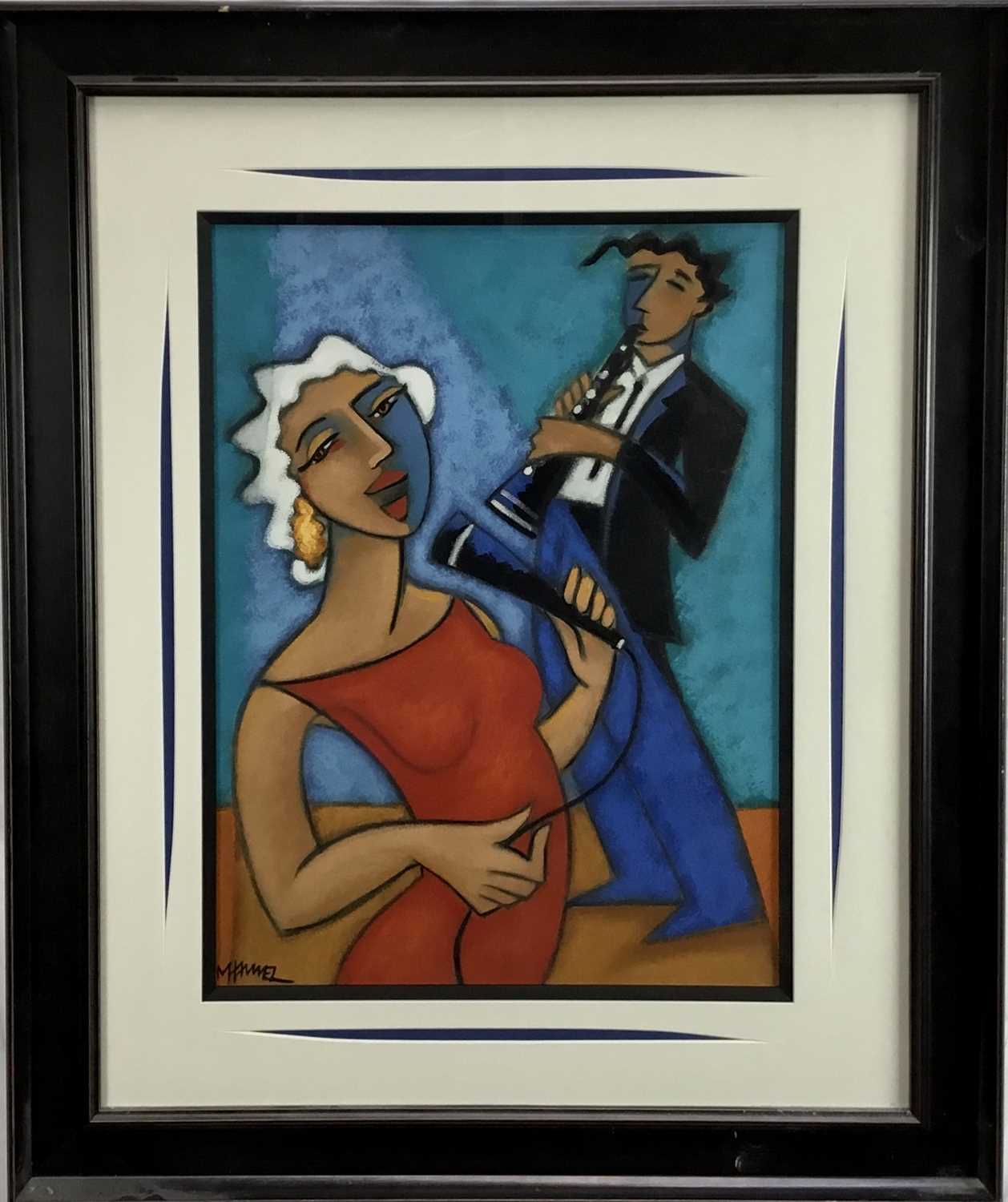 Lot 246 - Marsha Hammel (b.1949) oil painting of a jazz singer and clarinet player, signed, 59cm x 44cm, framed and glazed