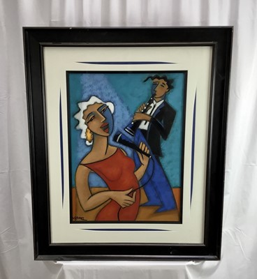 Lot 246 - Marsha Hammel (b.1949) oil painting of a jazz singer and clarinet player, signed, 59cm x 44cm, framed and glazed