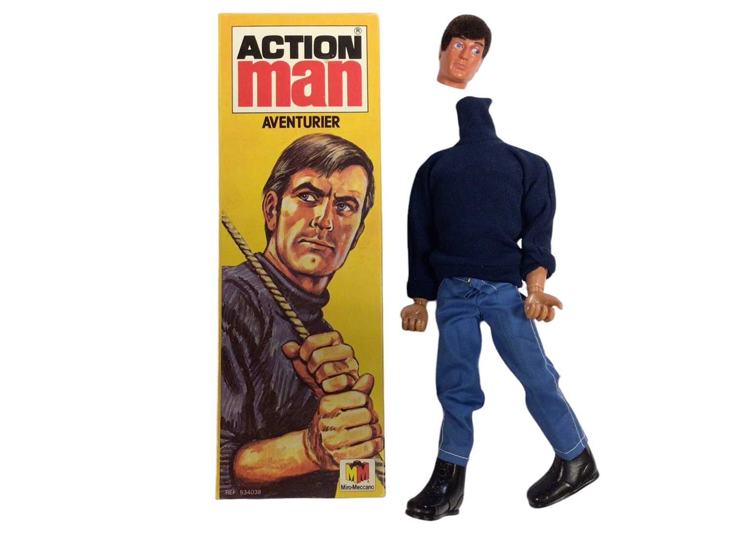 Lot 5 - Miro-Meccano Action Man Adventurier French Release (1970-1979) with eagle eyes (detached head) grey trunks body, leaflet & equipment poster, boxed with sellotape mark to lid No.534038 (1)