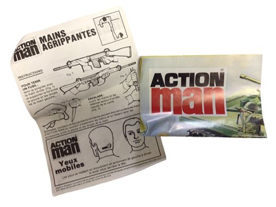 Lot 5 - Miro-Meccano Action Man Adventurier French Release (1970-1979) with eagle eyes (detached head) grey trunks body, leaflet & equipment poster, boxed with sellotape mark to lid No.534038 (1)