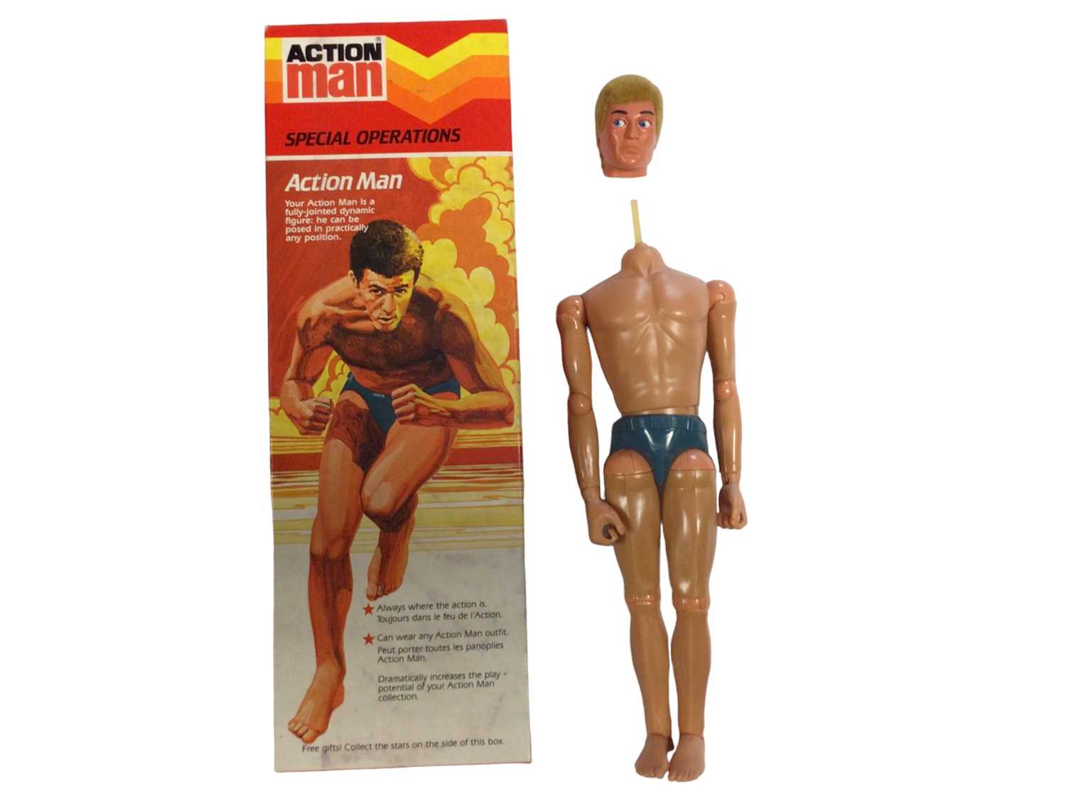 Lot 8 - Palitoy Miro-Meccano Action Man Special Operations (No Outfit) with eagle eyes (detached head) grey trunk body & plastic ID tag, leaflet & lucky draw entry form, boxed No.934800 (1)