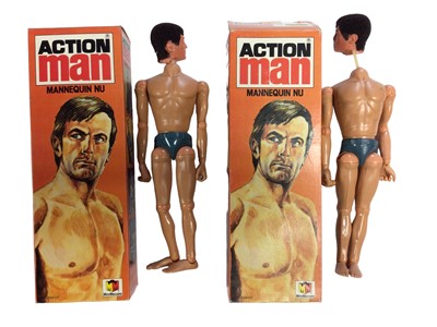 Lot 9 - Palitoy Miro-Meccano Action Man Mannequin Nu French Release (Basic Figure) eagle eyed with flock hair (heads detached), grey trunk body, leaflets (x3) & equipment posters (x3), all boxed (4 total)