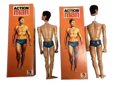 Lot 9 - Palitoy Miro-Meccano Action Man Mannequin Nu French Release (Basic Figure) eagle eyed with flock hair (heads detached), grey trunk body, leaflets (x3) & equipment posters (x3), all boxed (4 total)