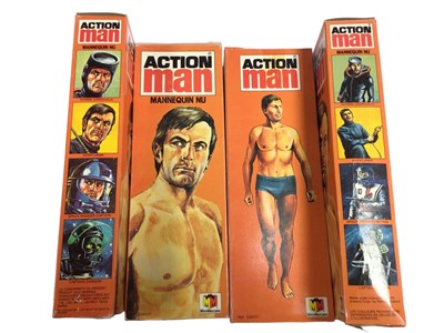 Lot 9 - Palitoy Miro-Meccano Action Man Mannequin Nu French Release (Basic Figure) eagle eyed with flock hair (heads detached), grey trunk body, leaflets (x3) & equipment posters (x3), all boxed (4 total)