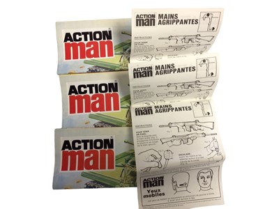 Lot 9 - Palitoy Miro-Meccano Action Man Mannequin Nu French Release (Basic Figure) eagle eyed with flock hair (heads detached), grey trunk body, leaflets (x3) & equipment posters (x3), all boxed (4 total)