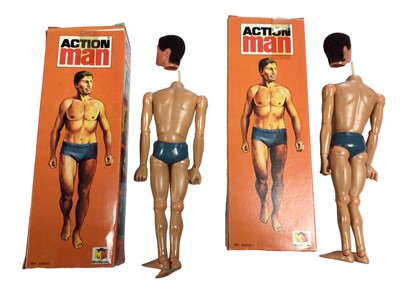 Lot 9 - Palitoy Miro-Meccano Action Man Mannequin Nu French Release (Basic Figure) eagle eyed with flock hair (heads detached), grey trunk body, leaflets (x3) & equipment posters (x3), all boxed (4 total)