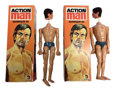 Lot 9 - Palitoy Miro-Meccano Action Man Mannequin Nu French Release (Basic Figure) eagle eyed with flock hair (heads detached), grey trunk body, leaflets (x3) & equipment posters (x3), all boxed (4 total)