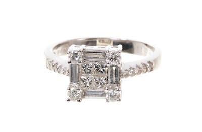 Lot 791 - Diamond cluster ring with princess cut, baguette cut and brilliant cut diamonds in 18ct white gold setting, estimated total diamond weight approximately 1.29cts.