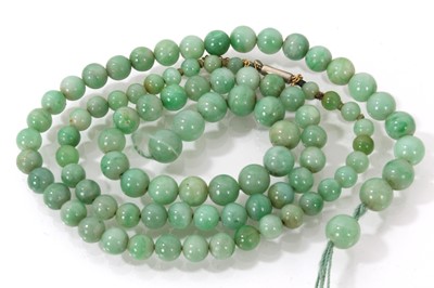 Lot 805 - Chinese green jade bead necklace