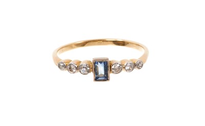 Lot 744 - Antique sapphire and diamond ring with a rectangular step cut sapphire flanked by three old cut diamonds to each shoulder