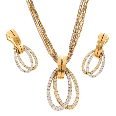 Lot 693 - Leo Wittner 18ct white and yellow gold diamond pendant necklace and matching earrings. 
Pendant – Total diamond weight 2.08carats. 
Earrings – Total diamond weight 1.46 carats