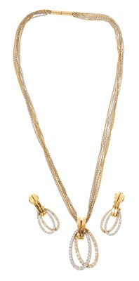 Lot 693 - Leo Wittner 18ct white and yellow gold diamond pendant necklace and matching earrings. 
Pendant – Total diamond weight 2.08carats. 
Earrings – Total diamond weight 1.46 carats