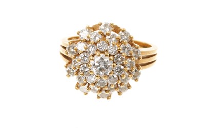 Lot 705 - Diamond cluster ring with a tiered cluster of brilliant cut diamonds in 18ct yellow gold setting