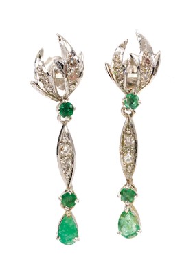 Lot 695 - Pair of emerald and diamond earrings