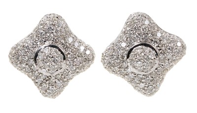 Lot 717 - Pair of pavé set diamond earrings in 18ct white gold