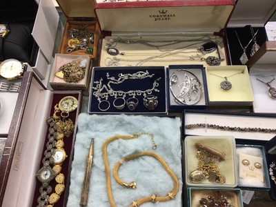 Lot 1102 - Group of silver marcasite jewellery including pendant necklaces, rings, cocktail watch, together with other watches, costume jewellery and silver plated box