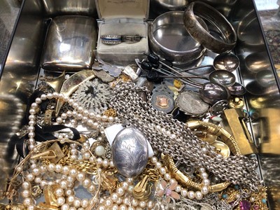 Lot 1088 - Long silver belcher chain, silver locket pendant, two silver bangles, silver fob, set of six silver coffee bean end spoons, plated cigarette case and costume jewellery