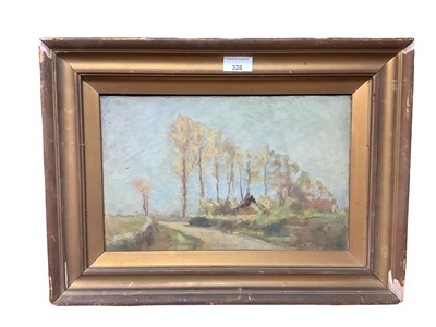 Lot 328 - Early 20th century oil on canvas, country lane, indistinctly signed and dated 1916, 22 x 35cm, framed