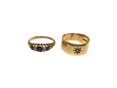 Lot 218 - 18ct gold sapphire, diamond and white stone ring, size P½ and 18ct gold diamond gypsy set ring (London 1919), size S