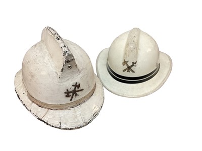 Lot 727 - French Fire Brigade cork helmet with white painted canvas covering, together with another white painted Fire Brigade helmet (2).