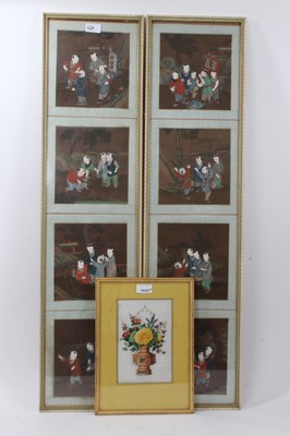 Lot 1029 - Chinese painting on pith, vase of flowers in glazed frame and pair Chinese paintings on silk of children in glazed frames