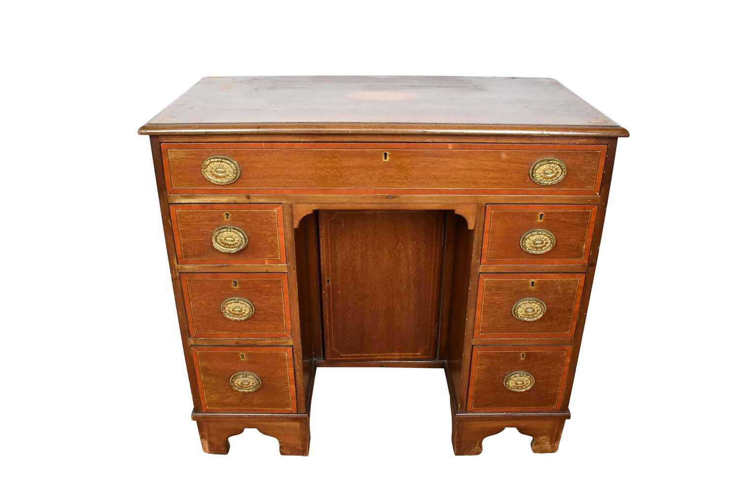 Lot 1555 Edwardian inlaid mahogany kneehole desk
