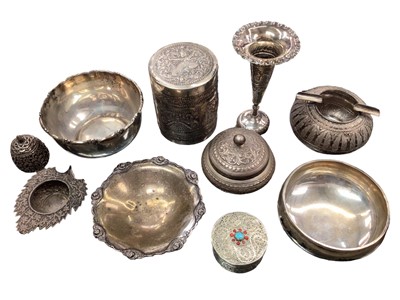 Lot 1077 - Group of Burmese and Indian silver lidded pots, dishes, a spill vase etc and an Egyptian Niello white metal bowl