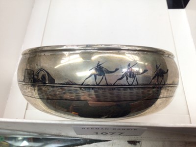 Lot 1077 - Group of Burmese and Indian silver lidded pots, dishes, a spill vase etc and an Egyptian Niello white metal bowl