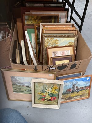 Lot 482 - Collection of mixed pictures to include watercolours, oils and others (1 large box).