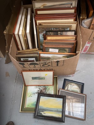 Lot 502 - Collection of mixed pictures to include watercolours, oils and others (1 large box).